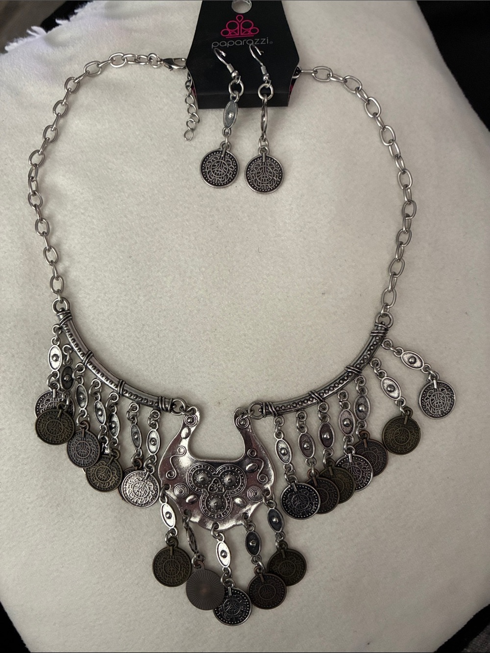 paparazzi Silver-Tone Coin Fringe Bib Necklace and Earrings Set
